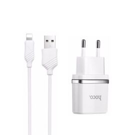  СЗУ HOCO C12, 2USB, 2.4A + lightning (белый) 