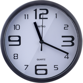  Настенные часы Perfeo "PF-WC-003"(С1), круглые д. 30 см, чёрный корпус / белый циферблат, (Арт. PF_D0370) 