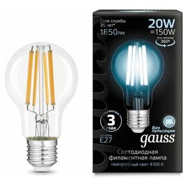  Лампа светодиодная Gauss Filament 102902220 20Вт цок.E27 груша 220B 4100K св.свечения белый нейтральный уп/1шт 