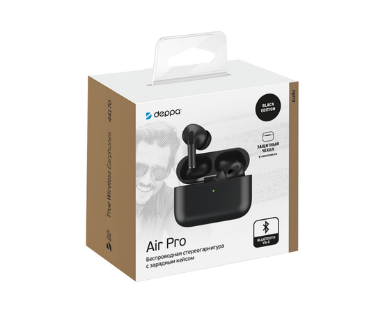  Беспроводные наушники с микрофоном Air Pro, TWS, BT 5.0, 250 мАч, QI, IPX4, черный, Deppa, 44170 