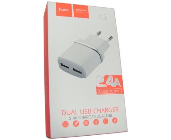  СЗУ HOCO C12, 2USB, 2.4A (белый) 